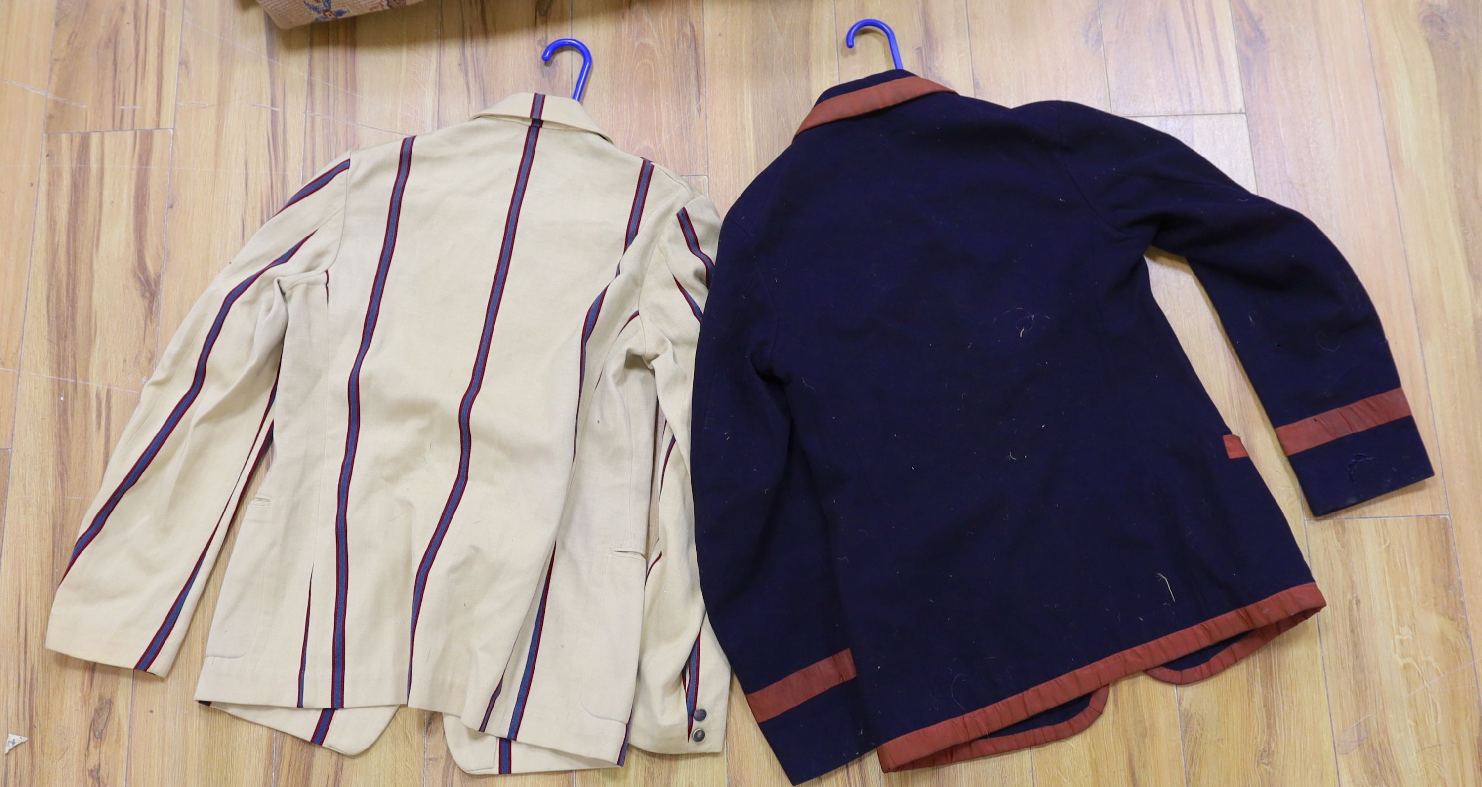 Two late 19th/early 20th century cricket blazers, with crests on the pockets, makers label: Bodger and Co, Cambridge